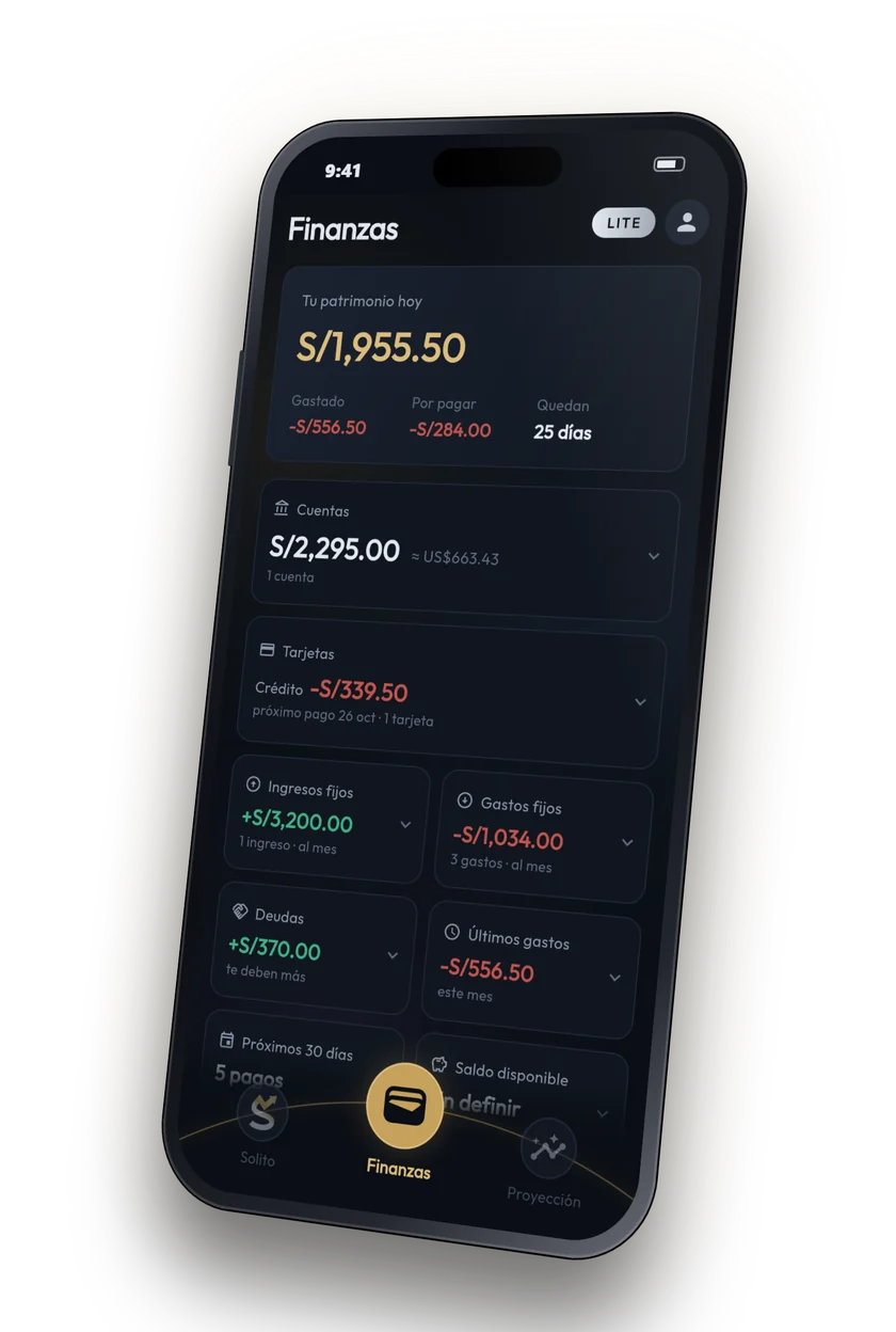 La pantalla de Finanzas de Solito en un iPhone